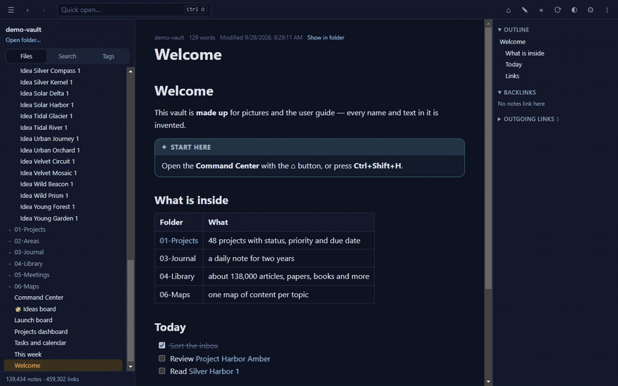 Lanternote in 20 seconds: quick open, full-text search over 139,000 notes, the Command Center, the galaxy and the link graph